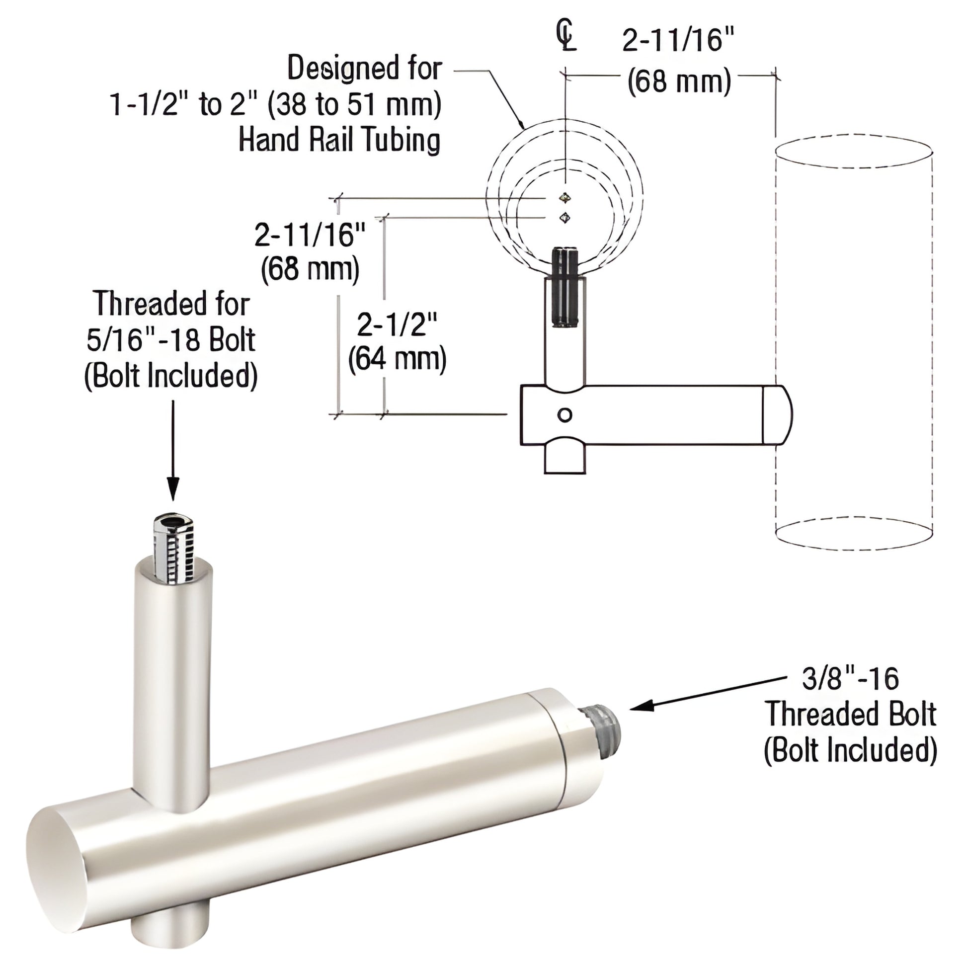 HR2FPPS polished stainless steel post-mounted handrail bracket, low-profile, fits 1-1/2-2" (38-51 mm) tubing, 2-11/16" projec