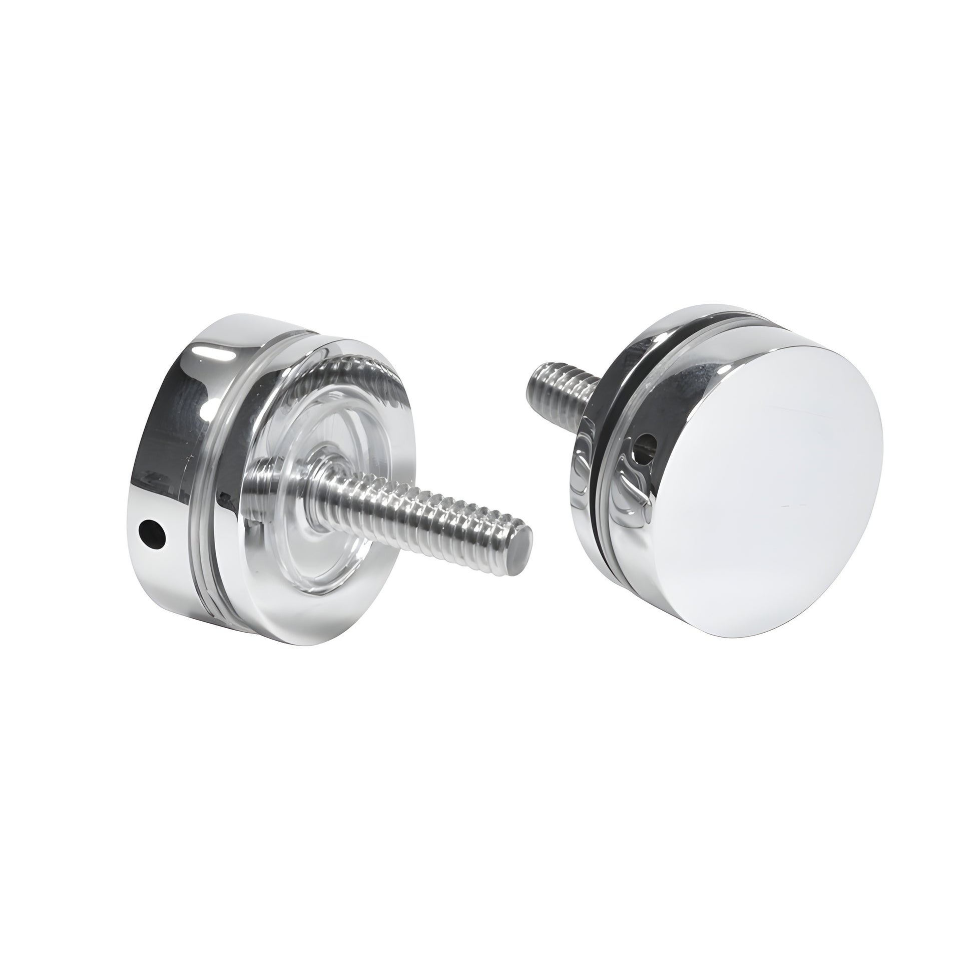 Polished chrome brass mounting kit (SKU 30SKCH) with two 1-1/4" round caps and threaded rods for solid pull handles