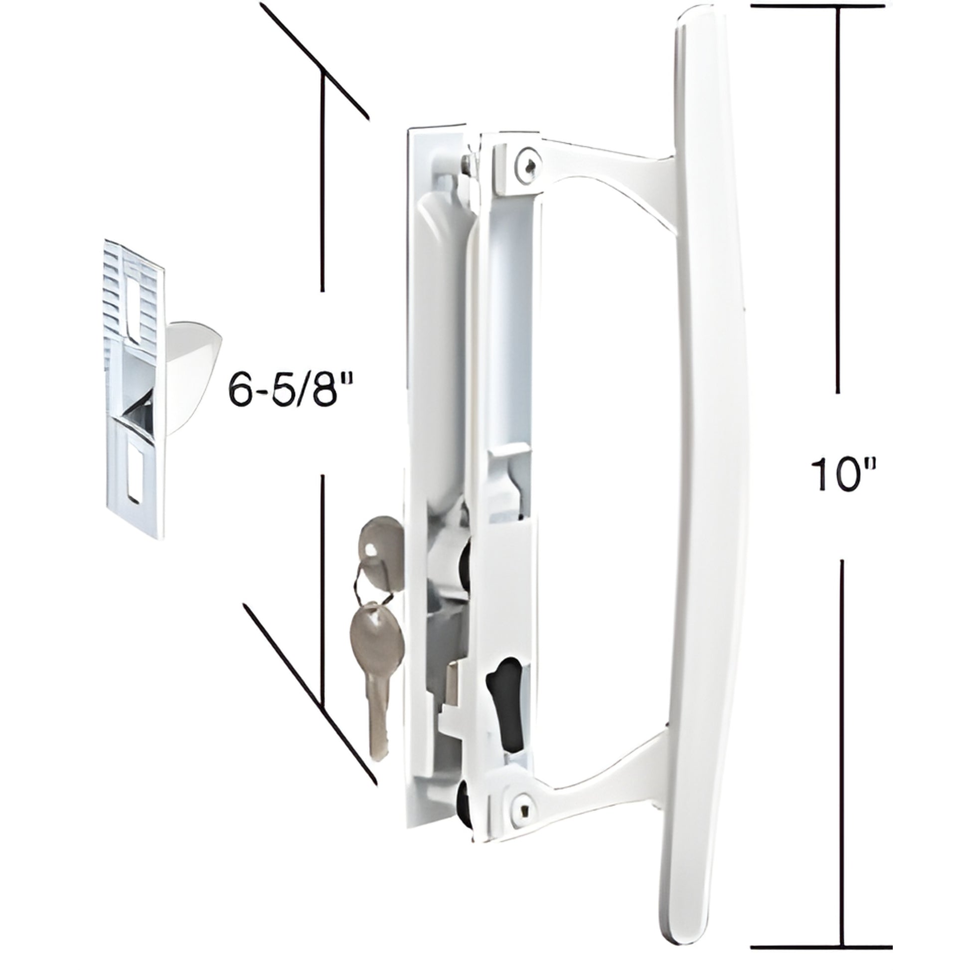 White CRL flush-mount sliding glass door handle set SKU C1197, reversible, keyed cylinder, 10" handle