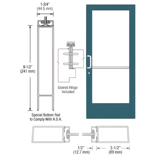 CRL medium stile entrance door CD41871 - teal custom Kynar frame with large glass, 3-1/2" stiles and 9-1/2" ADA bottom rail