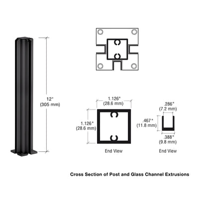 SKU D990DU123W dark bronze aluminum 3 way partition post, 12 in high, 1 1/8 in square tube with U channel glazing.