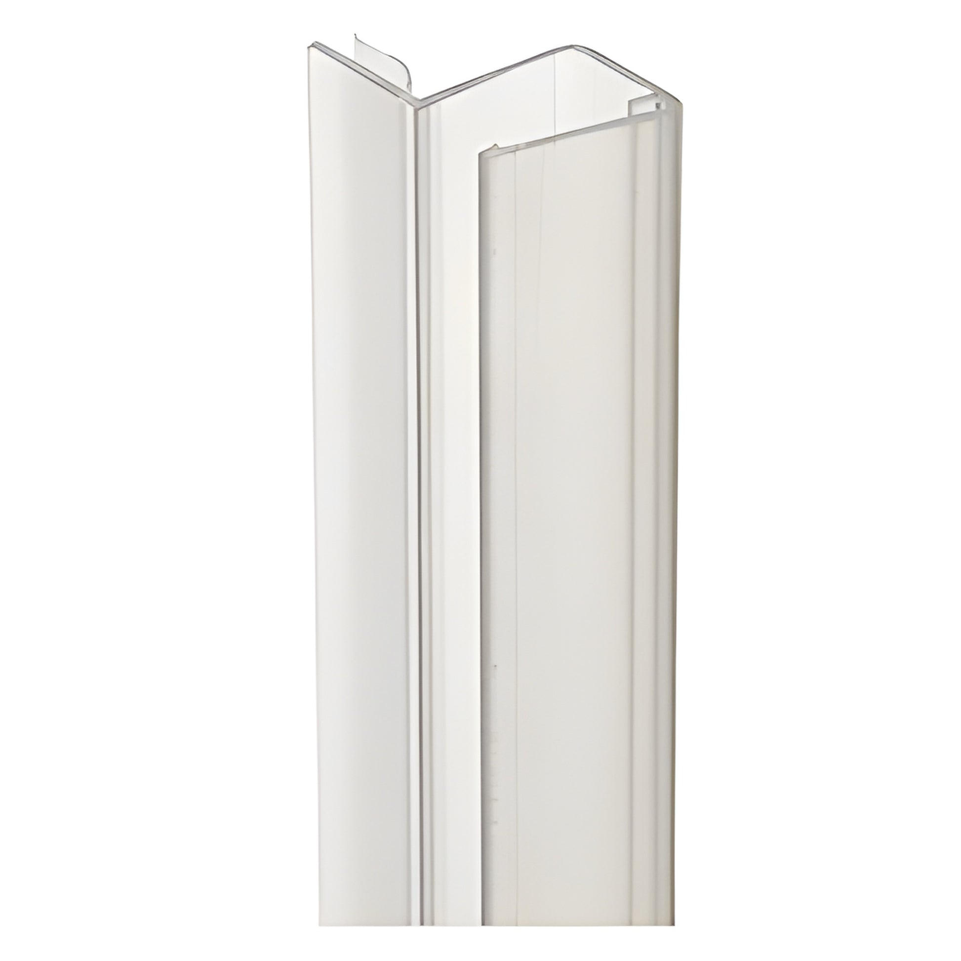 PCJ10 clear polycarbonate 90 snap-on strike-side seal for 10mm glass, frameless shower door (sold in 2.5m lengths)