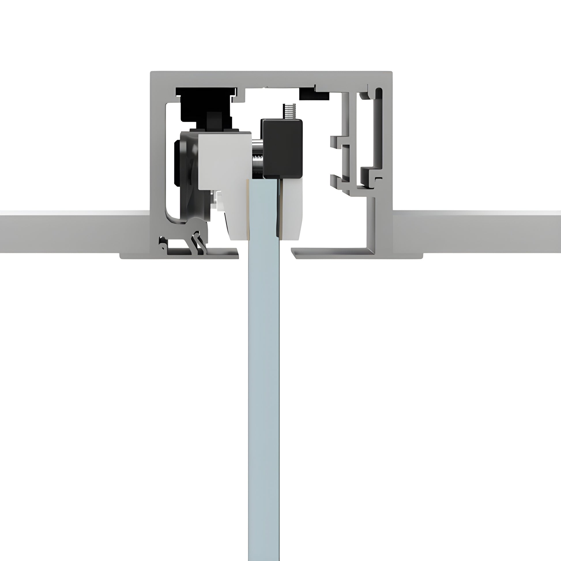 Satin anodized CRL695D commercial top-mounted sliding glass door track with suspended tempered glass panel