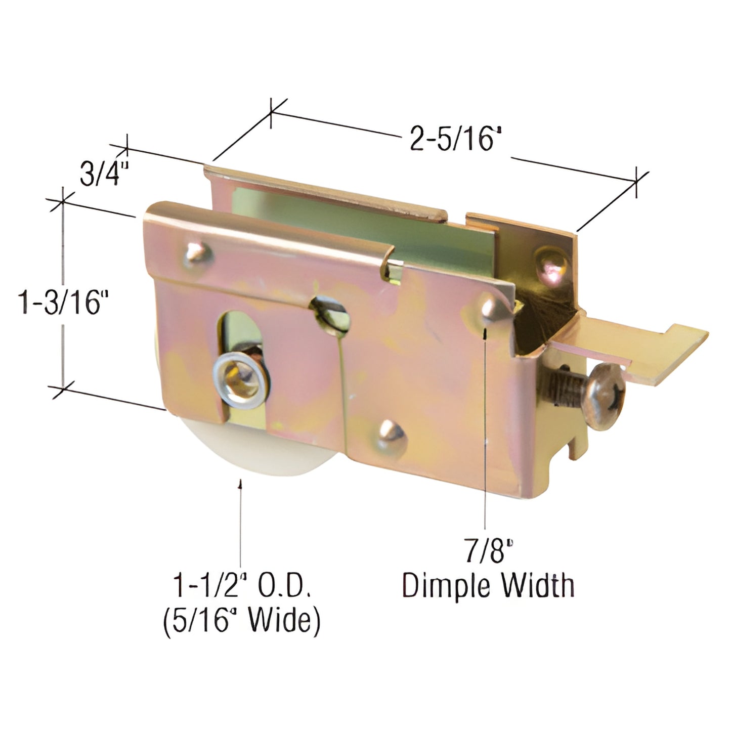 D1789 adjustable steel housing patio door roller assembly with 1.5 in nylon concave wheel, fits Marshall doors