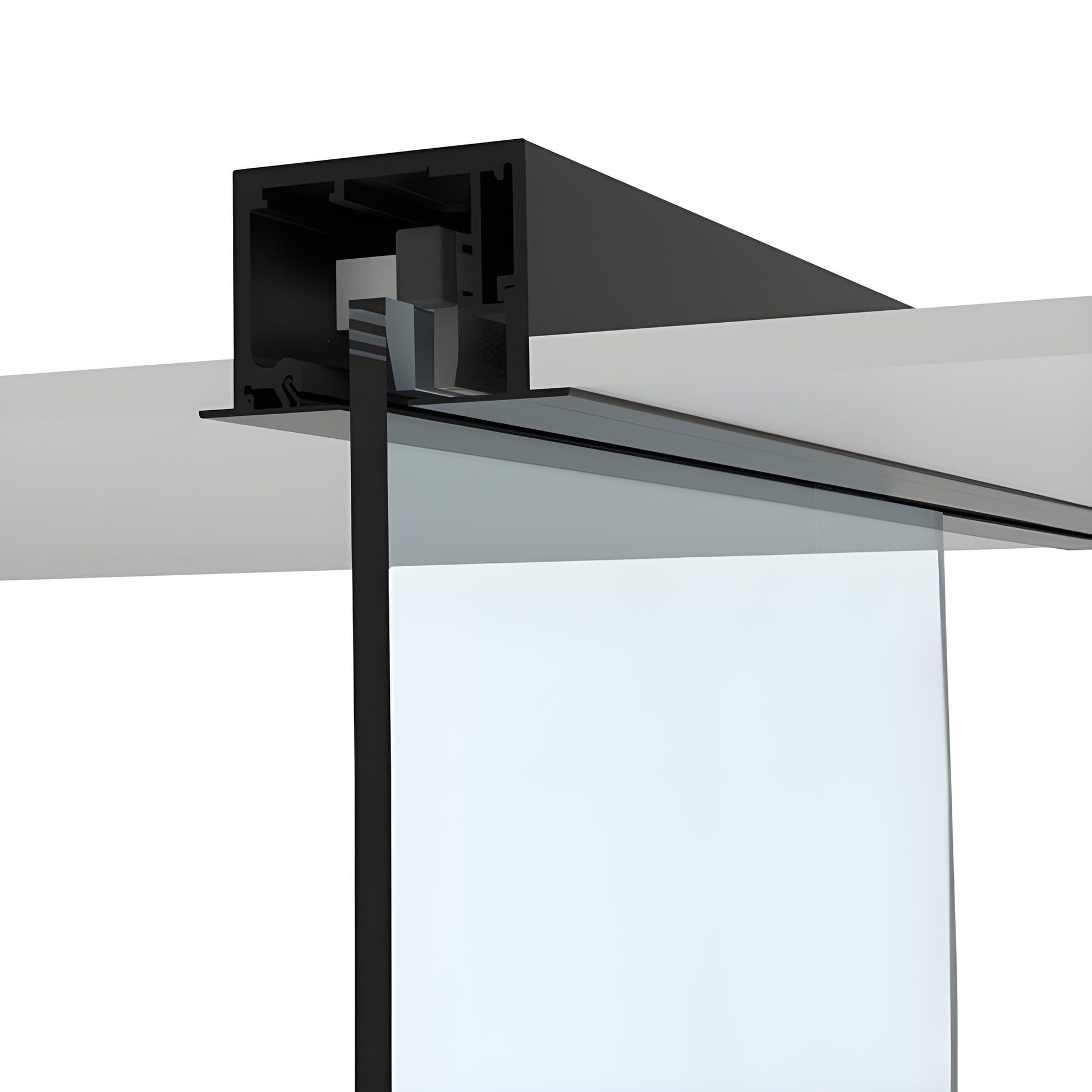 Matte black CRL 695 sliding door track and hanger with top-mounted 3/8-1/2" tempered glass panel, 118" track