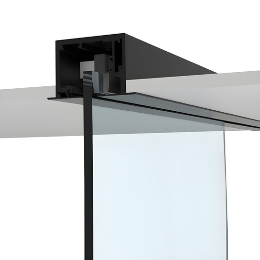 Matte black CRL 695 sliding door track and hanger with top-mounted 3/8-1/2" tempered glass panel, 118" track