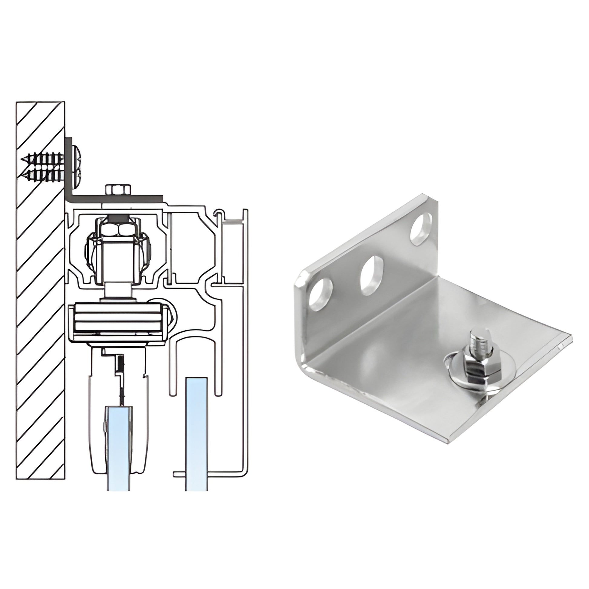 CRL3957 steel top-track large support bracket with fastener, chrome finish, shown beside installation diagram.