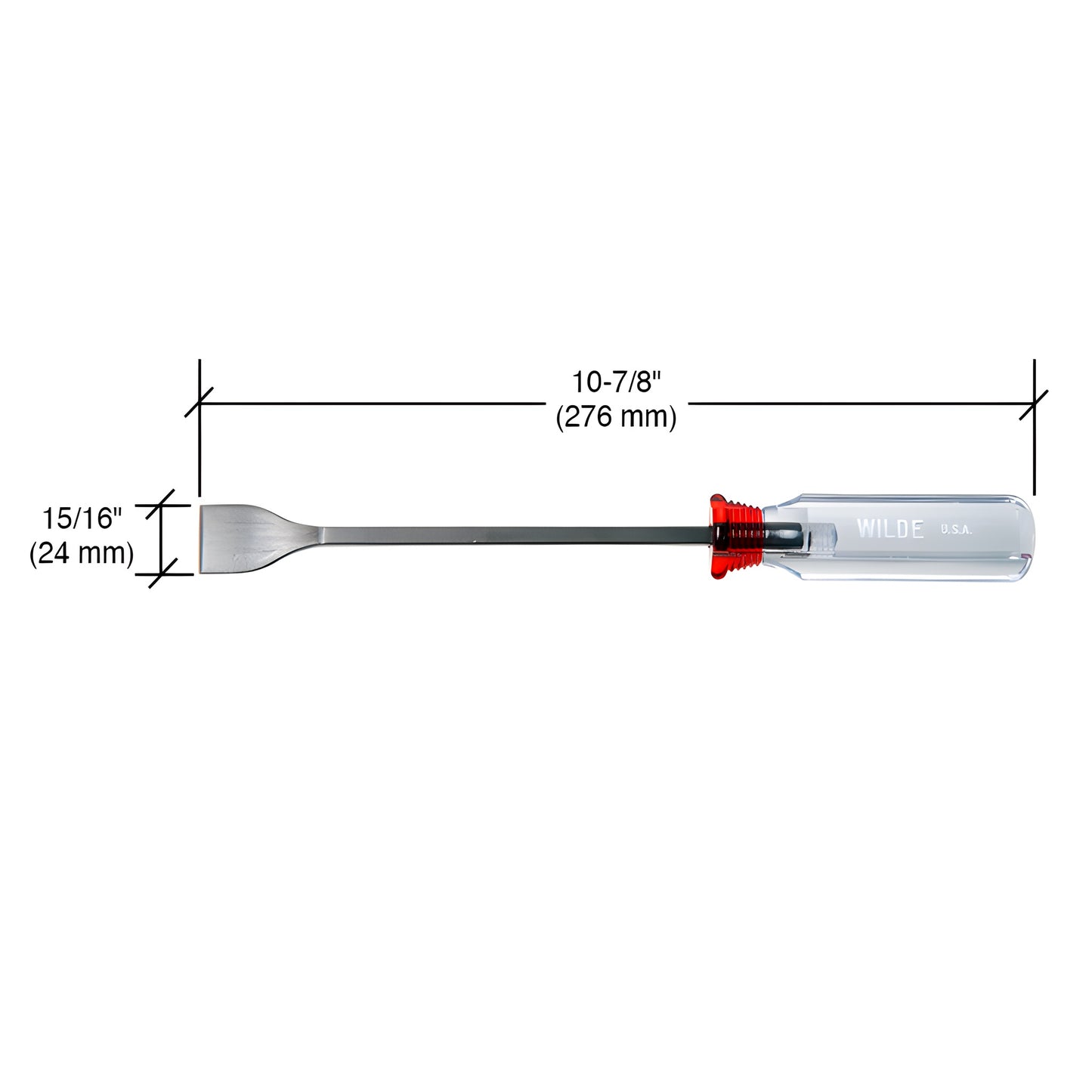 Wilde CRL Pinchweld scraper SKU 516WT - steel 15/16 beveled blade, long shaft, clear handle with red guard.