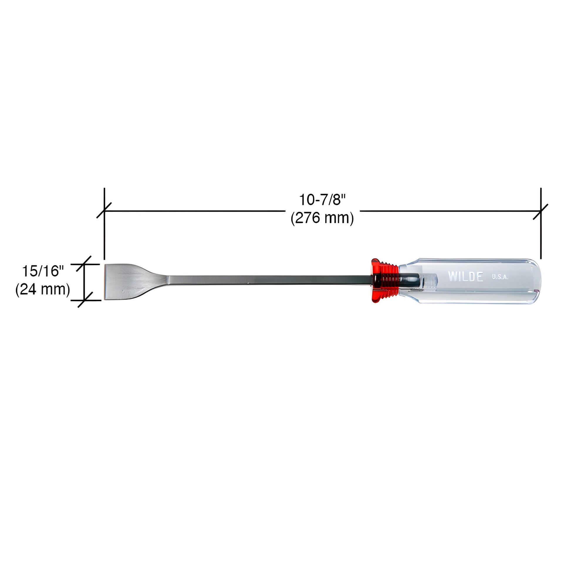 Wilde CRL Pinchweld scraper SKU 516WT - steel 15/16 beveled blade, long shaft, clear handle with red guard.