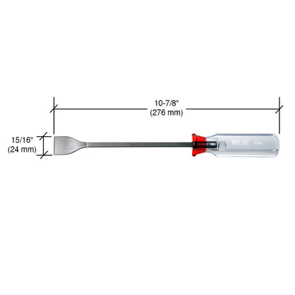 Wilde CRL Pinchweld scraper SKU 516WT - steel 15/16 beveled blade, long shaft, clear handle with red guard.