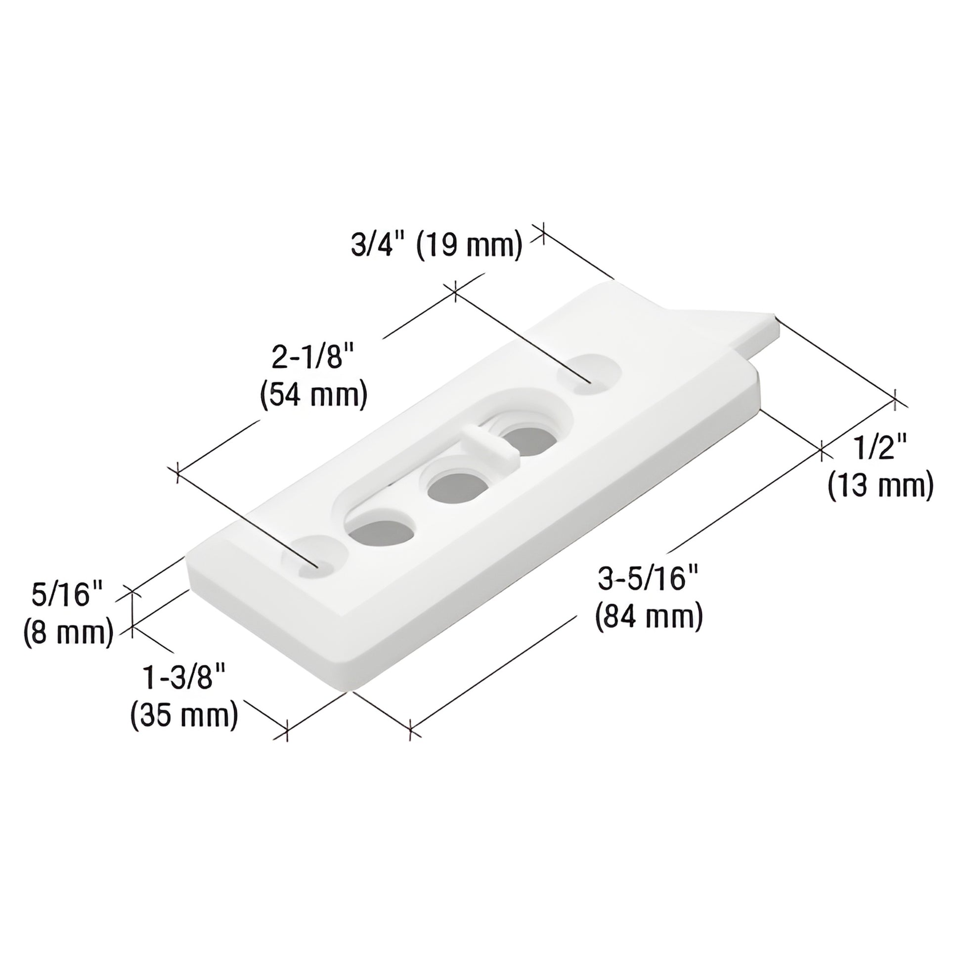 White plastic spring-loaded tilt window latch pair (left & right), SKU F2728; 3-5/16" long, 2-1/8" hole spacing