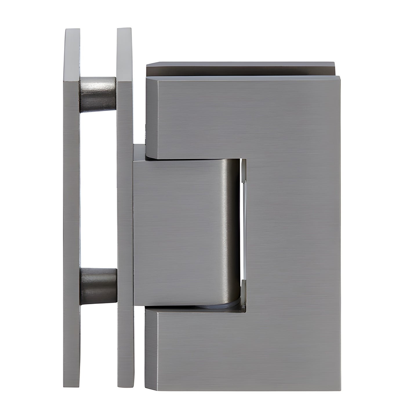 Brushed-nickel square Geneva glass-to-glass shower hinge (GEN092BN), solid brass, self-centering, fits 8-12mm glass.