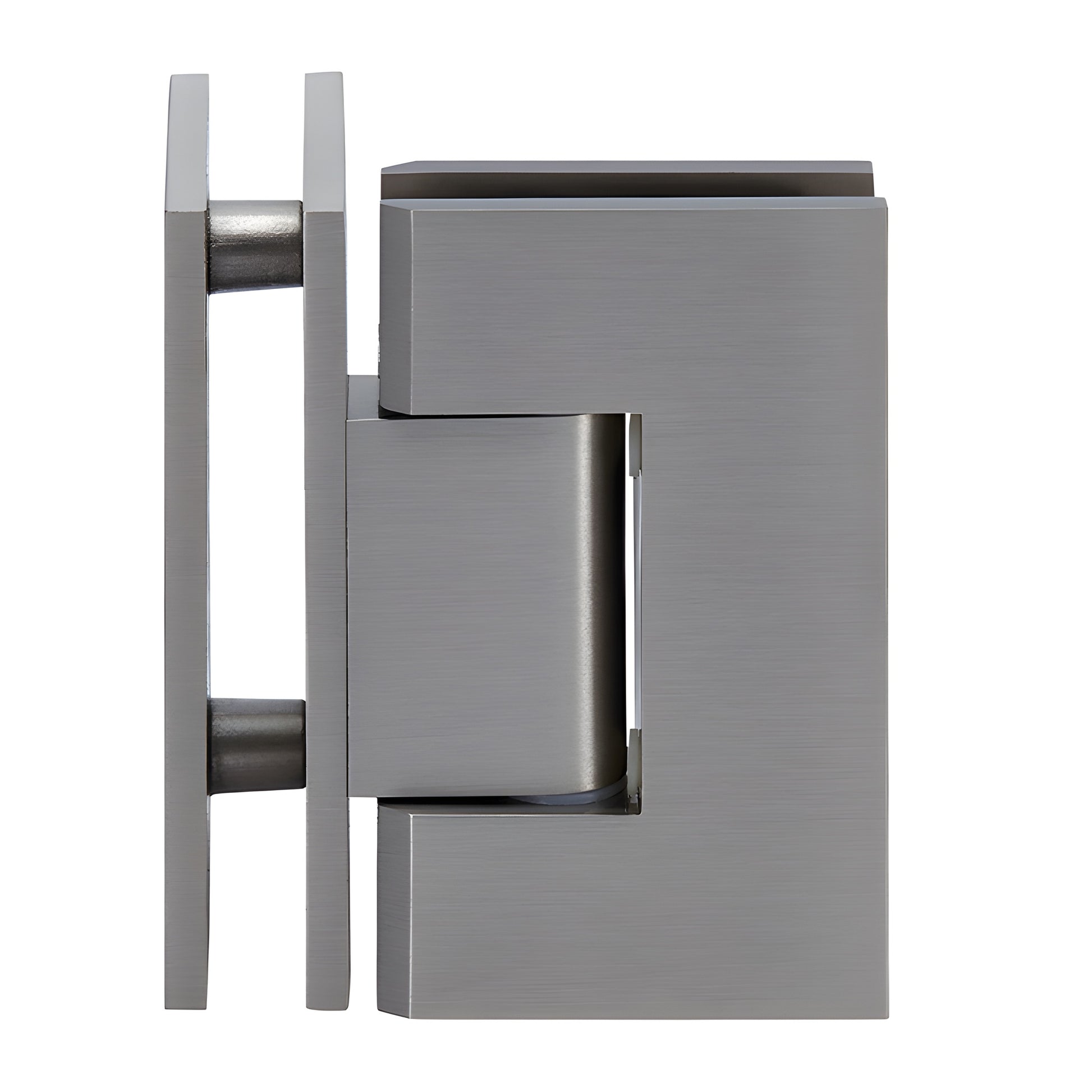 Brushed-nickel square Geneva glass-to-glass shower hinge (GEN092BN), solid brass, self-centering, fits 8-12mm glass.