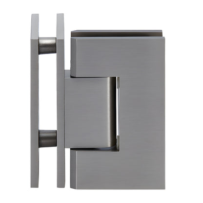 Brushed-nickel square Geneva glass-to-glass shower hinge (GEN092BN), solid brass, self-centering, fits 8-12mm glass.