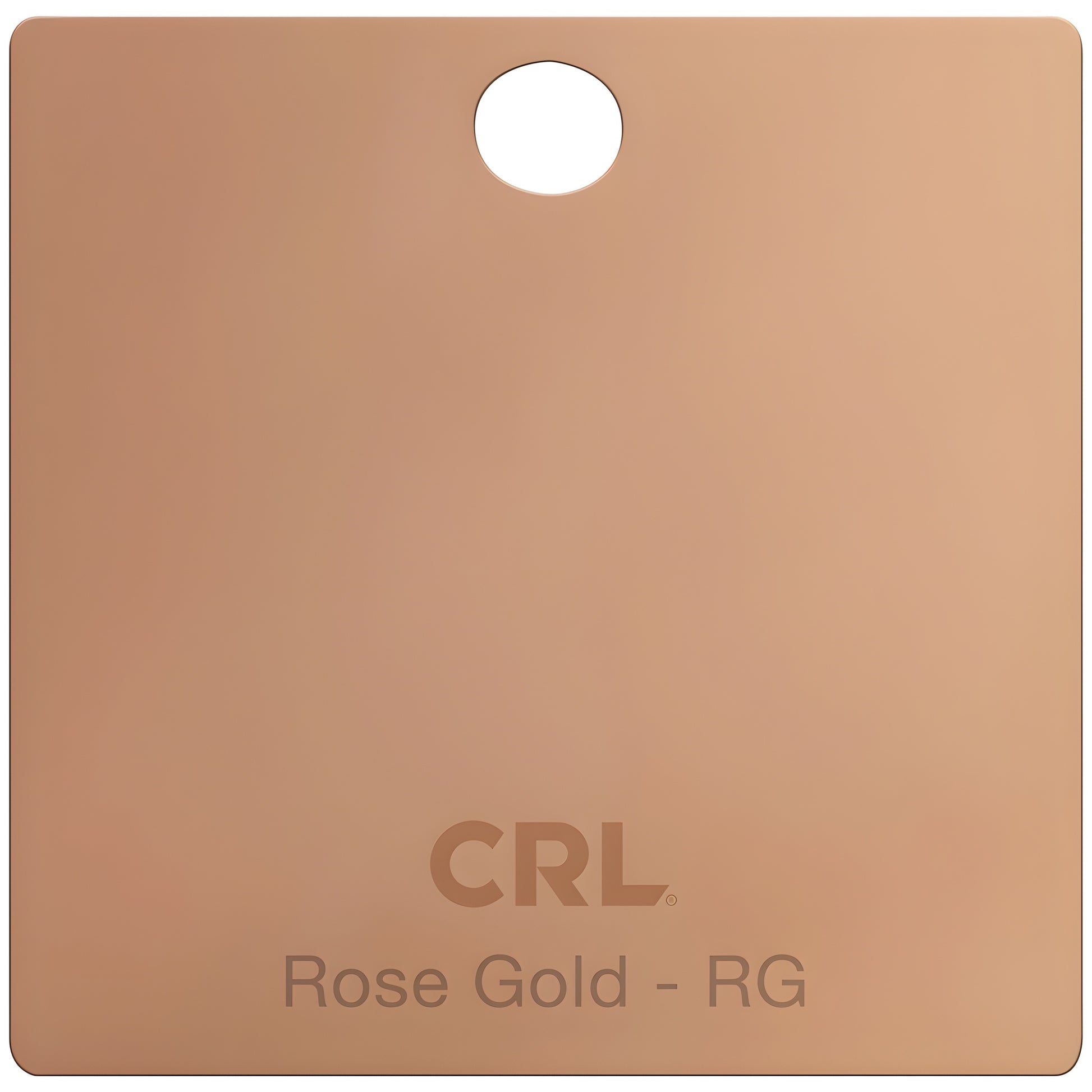 Rose gold brass finish sample chip (SKU CH2PRG) with hanging hole and embossed CRL logo, labeled "Rose Gold - RG"