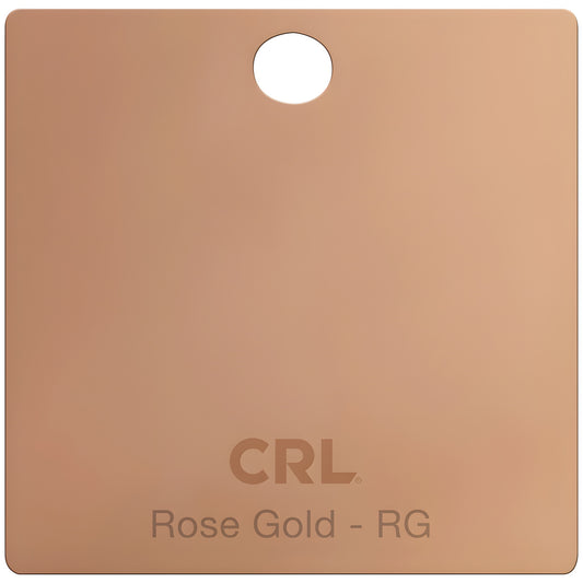 Rose gold brass finish sample chip (SKU CH2PRG) with hanging hole and embossed CRL logo, labeled "Rose Gold - RG"
