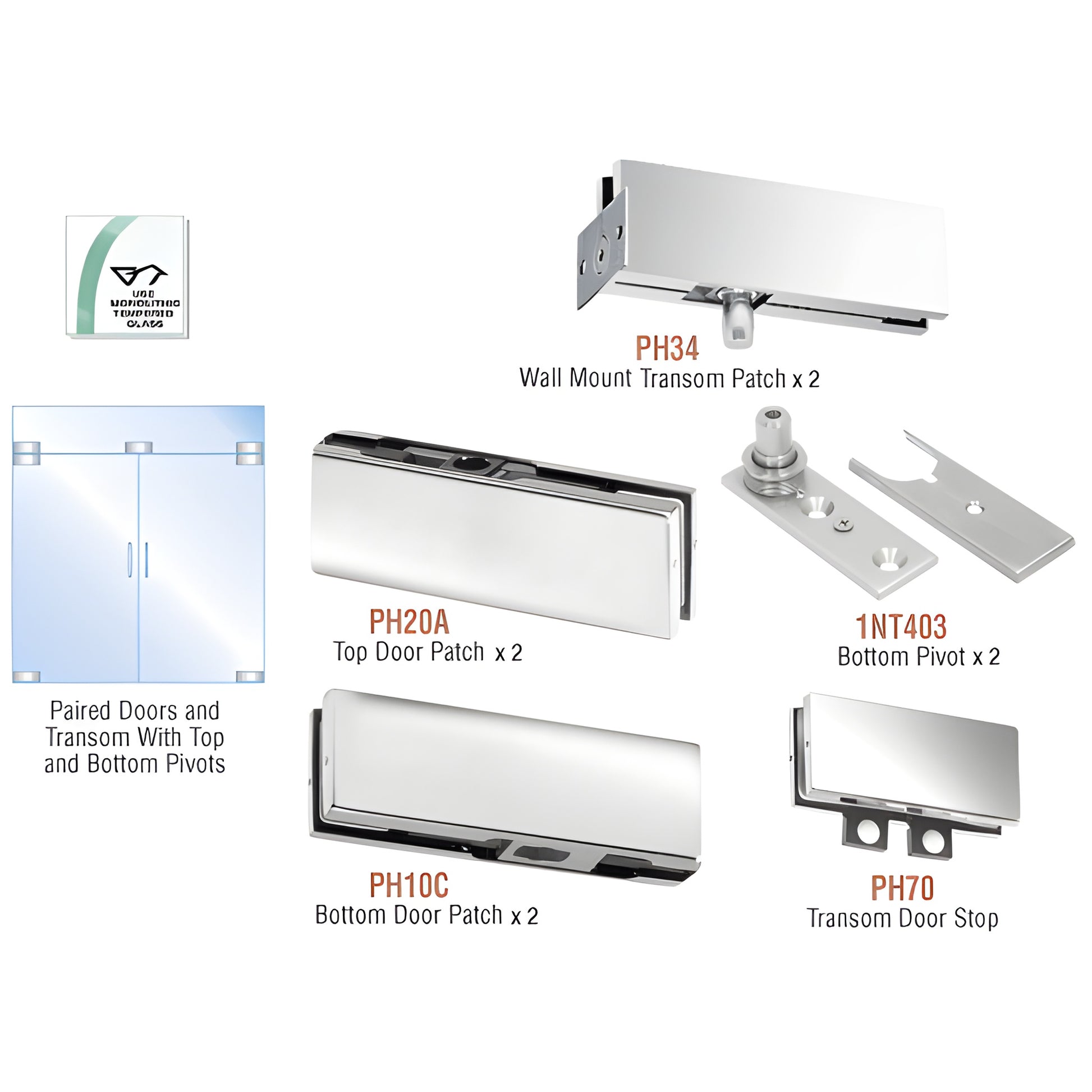 PHA6PS stainless steel pivot patch kit for paired 3/8-1/2" tempered glass doors with transom - patches, pivots and stop