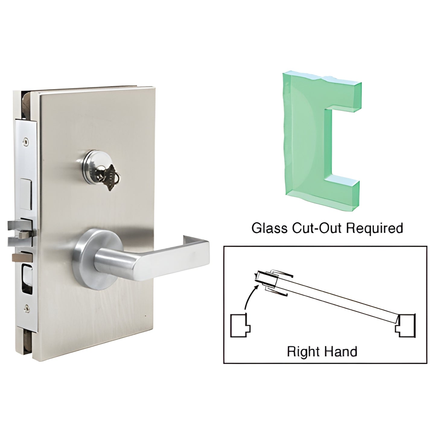 DL610REBS brushed stainless center lock, 6 x 10 in, for 1/2 in tempered glass, lever handle - glass cut-out required