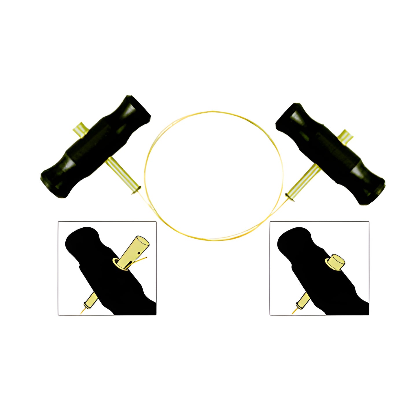 Pair of CRL Grip-Tite LWH200 rubber handles with steel hollow wedge shafts and yellow wire loop, ergonomic non-slip grips.