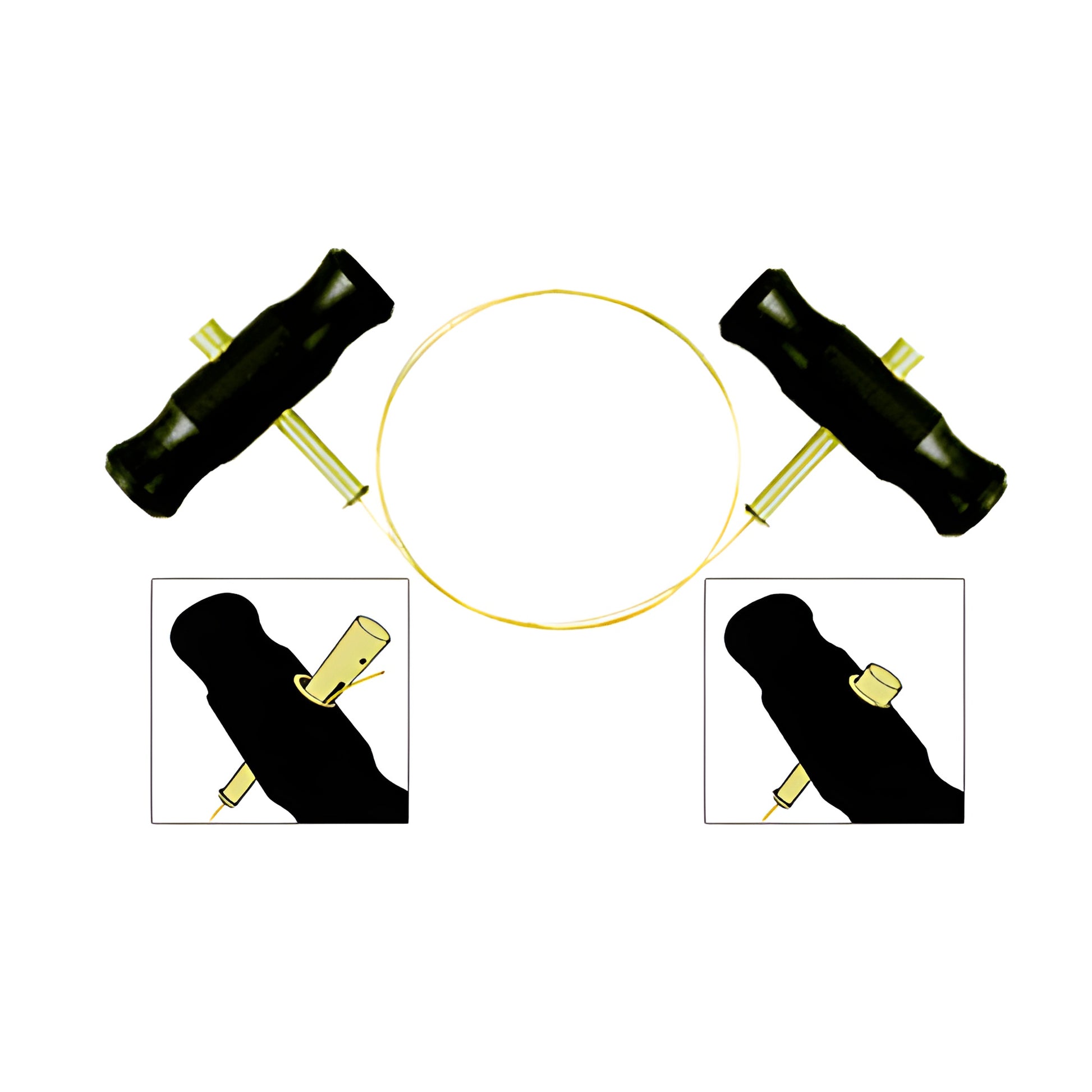 Pair of CRL Grip-Tite LWH200 rubber handles with steel hollow wedge shafts and yellow wire loop, ergonomic non-slip grips.