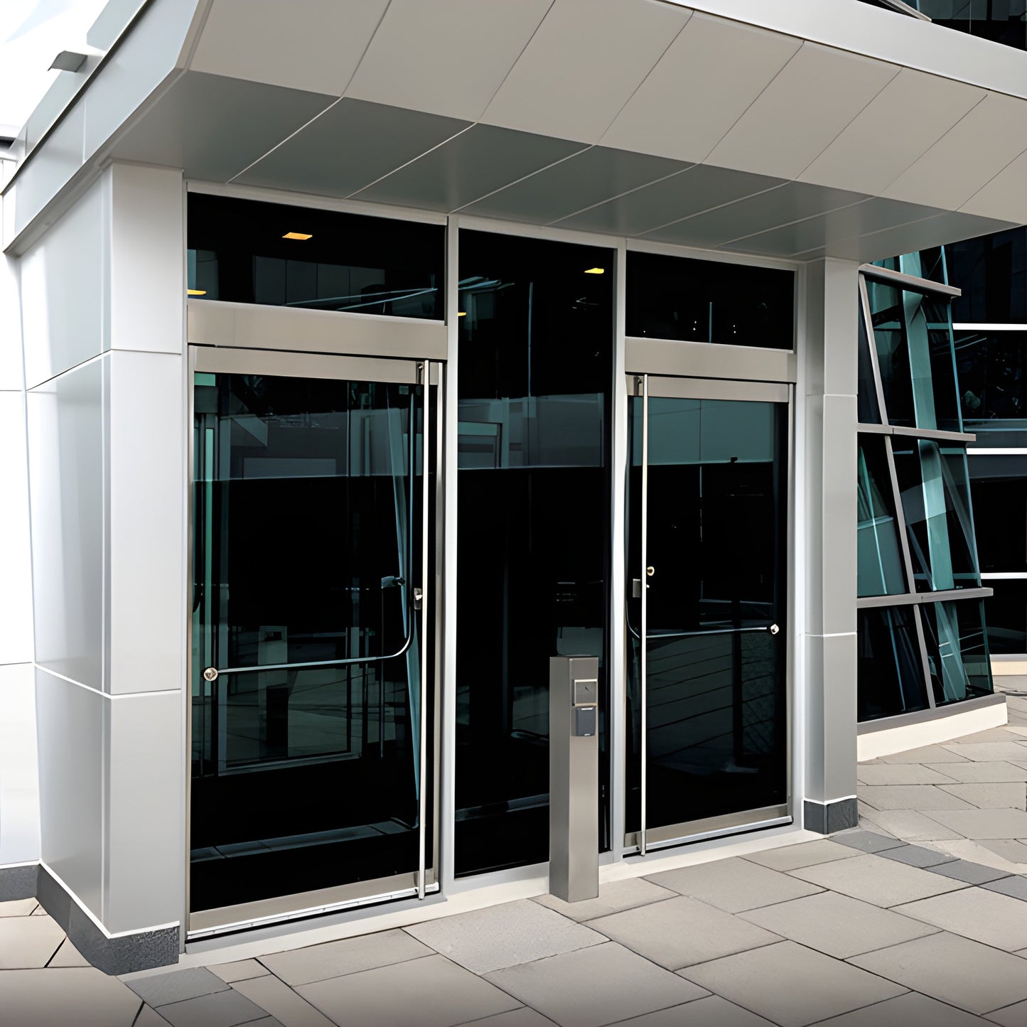 ENT100 Entice commercial all-glass entrance door with ultra-narrow black frame, 1 IG, through-glass panic bar.