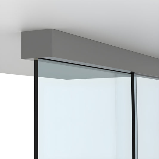 CRL6901 satin anodized ceiling mount sliding door track with top hangers on tempered glass panel (118" kit).