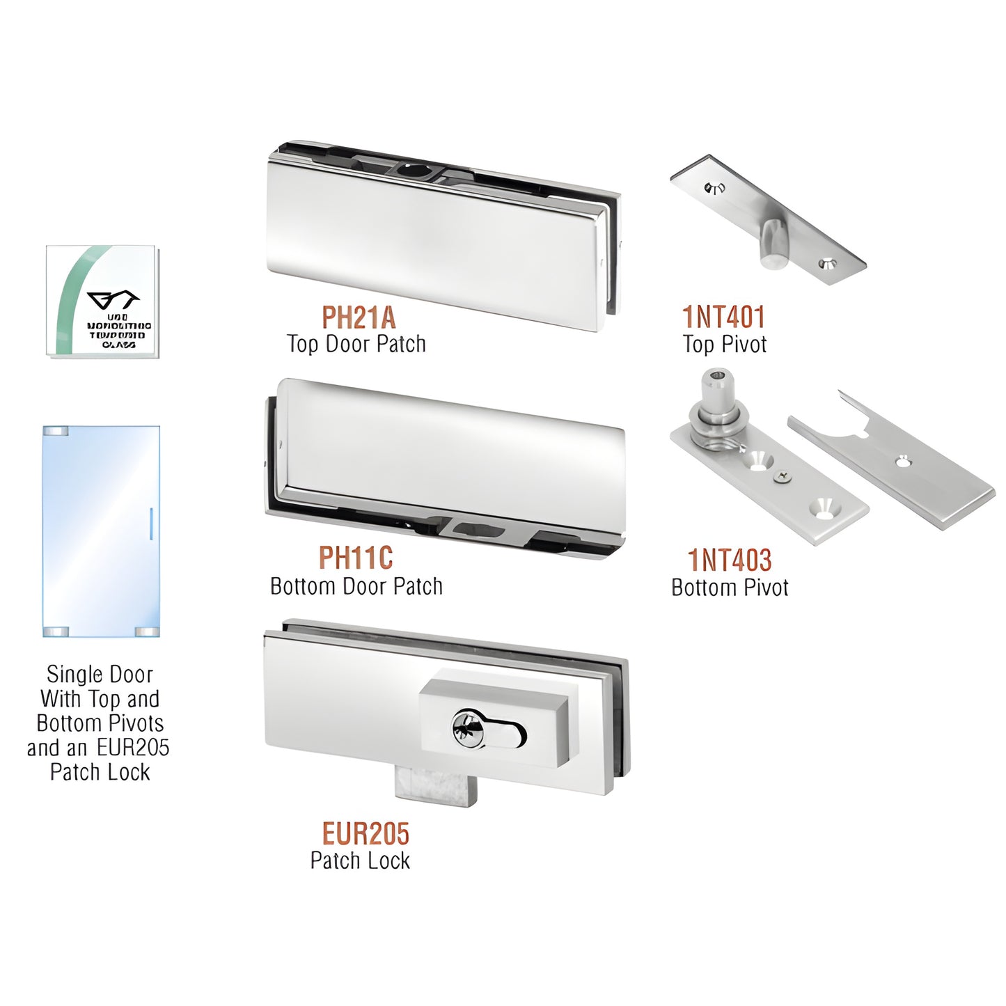 PHE1LPS polished stainless European patch kit for single frameless glass door, top/bottom patches, pivots, optional lock.