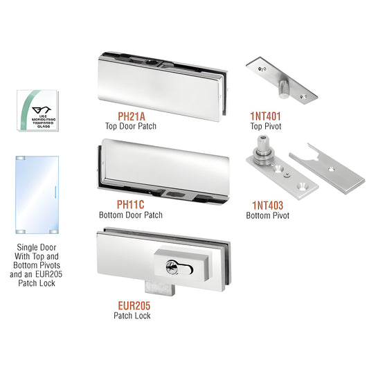 PHE1LPS polished stainless European patch kit for single frameless glass door, top/bottom patches, pivots, optional lock.