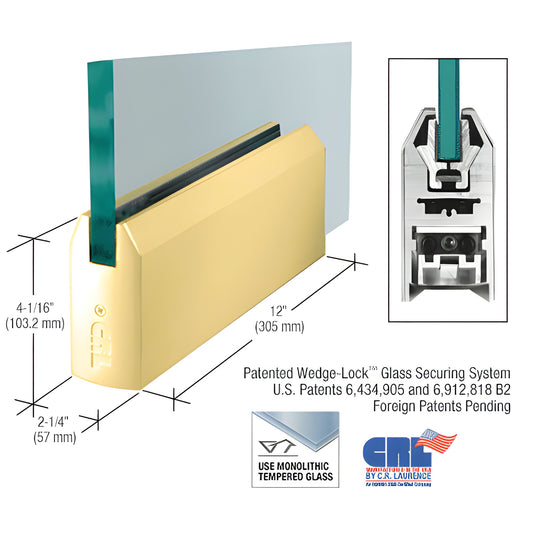 Polished brass 12 in tapered Wedge-Lock door rail for 5/8 in tempered glass SKU DR4TPB58P