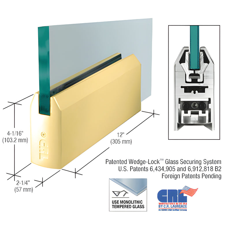 Polished brass 12 in tapered Wedge-Lock door rail for 5/8 in tempered glass SKU DR4TPB58P