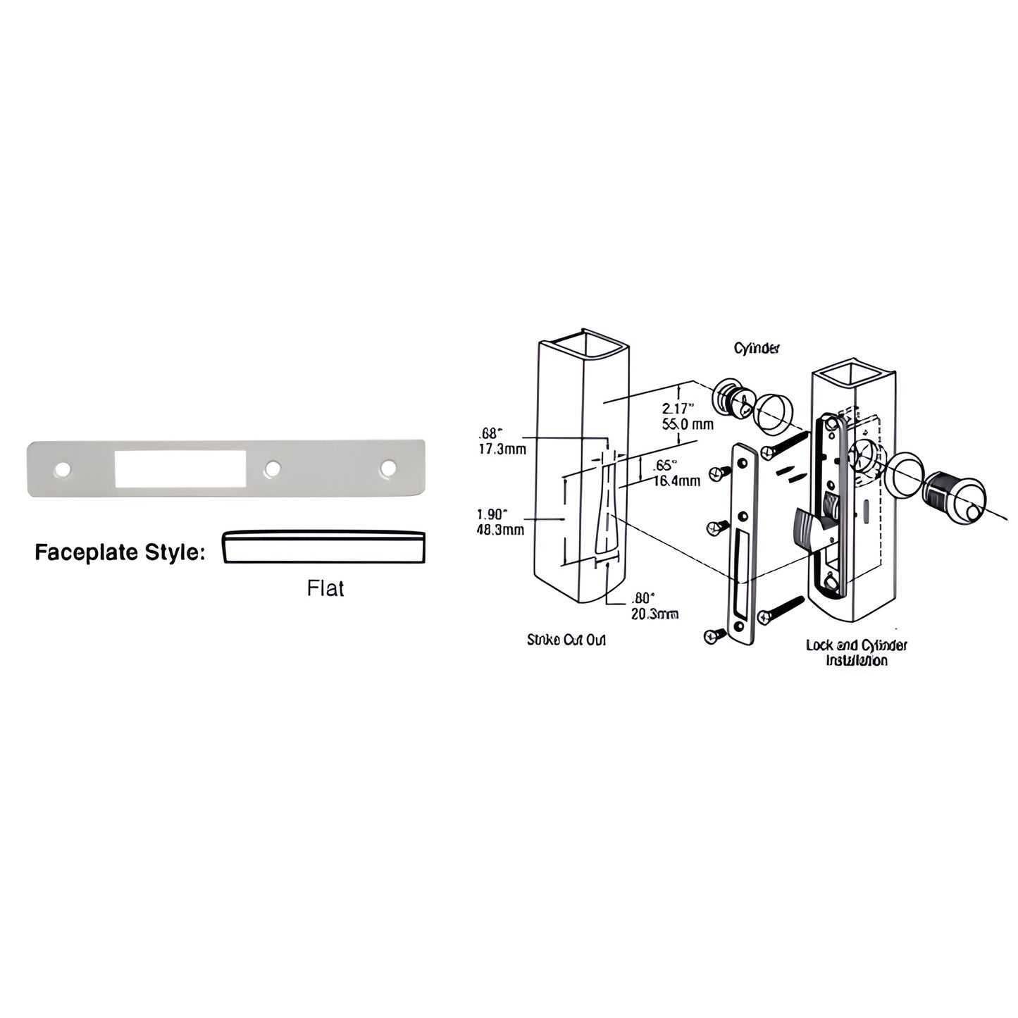 DL2131A aluminum flat deadlock faceplate 1" x 6-7/8" - rectangular plate with screw holes and installation diagram.