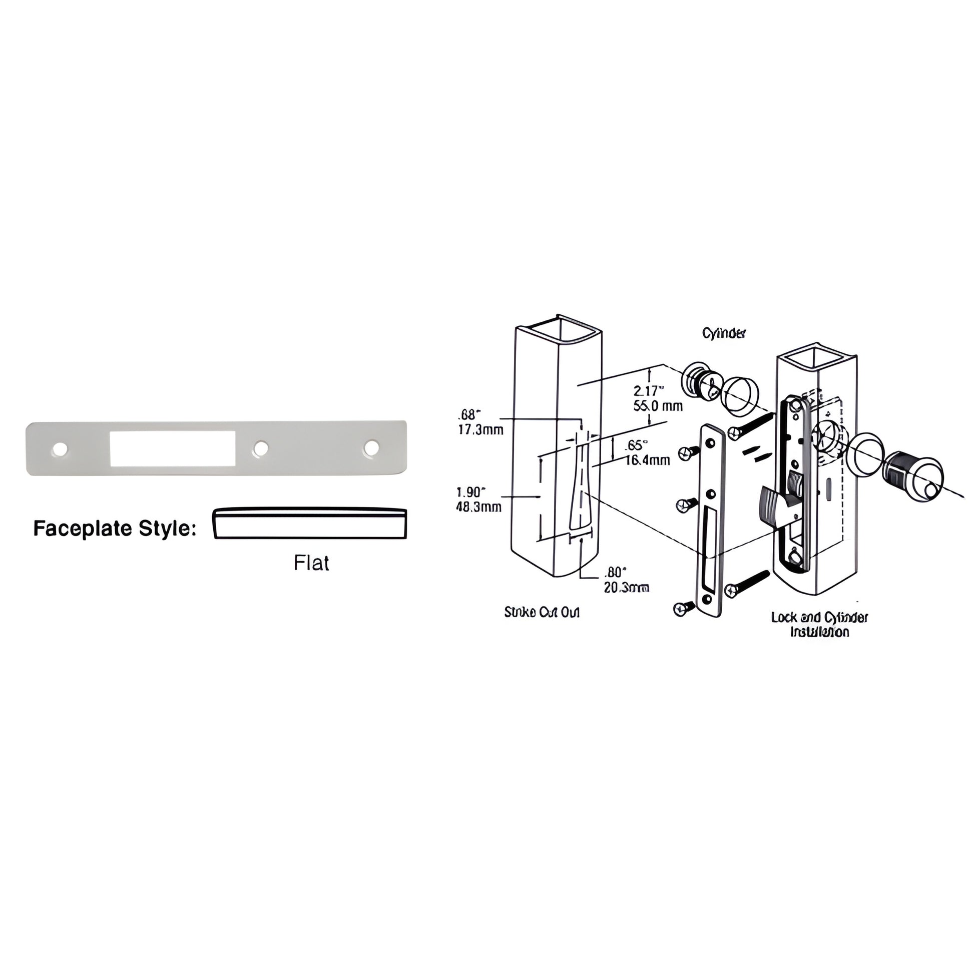 DL2131A aluminum flat deadlock faceplate 1" x 6-7/8" - rectangular plate with screw holes and installation diagram.