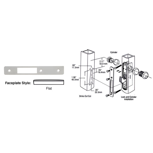DL2131A aluminum flat deadlock faceplate 1" x 6-7/8" - rectangular plate with screw holes and installation diagram.