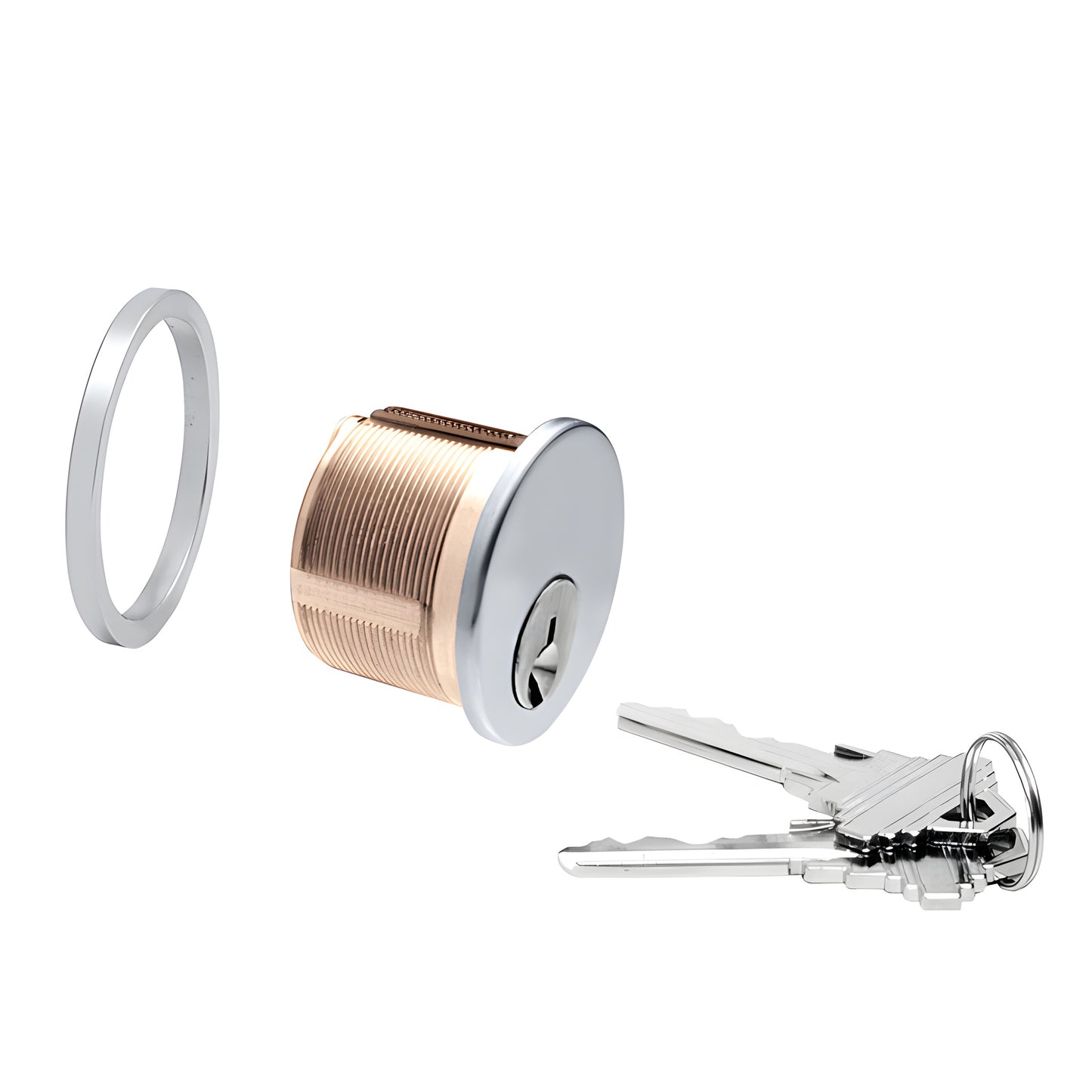 DRA10KDSA single 5-pin mortise cylinder (brass body, satin/US26D face) with cylinder ring and three keys.