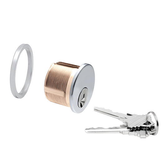 DRA10SA brass 5-pin mortise cylinder with satin-anodized face ring and three keys, keyed alike.