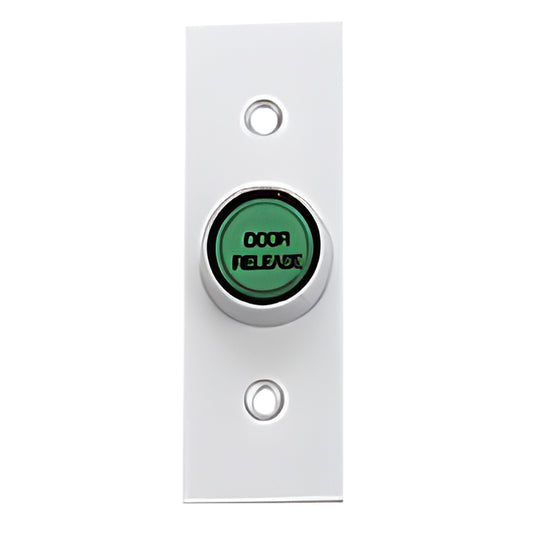 Narrow brushed stainless steel illuminated green push-button switch for electric strikes/locks (SKU MLEB4NS)
