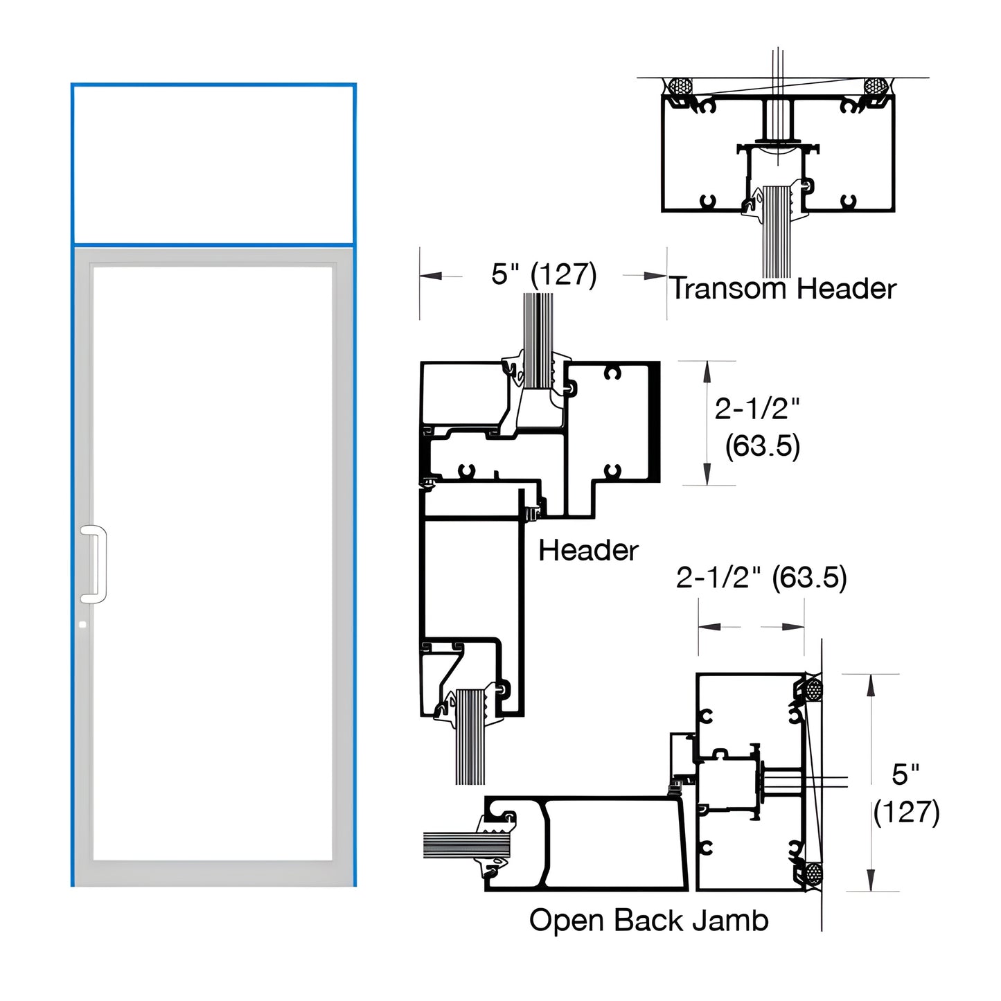 Diagram of Custom Single Transom Door Frame (SKU 0F61871) for hurricane impact doors, 2-1/2" x 5" profiles, transom detail