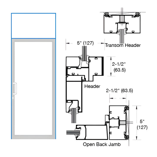 Diagram of Custom Single Transom Door Frame (SKU 0F61871) for hurricane impact doors, 2-1/2" x 5" profiles, transom detail