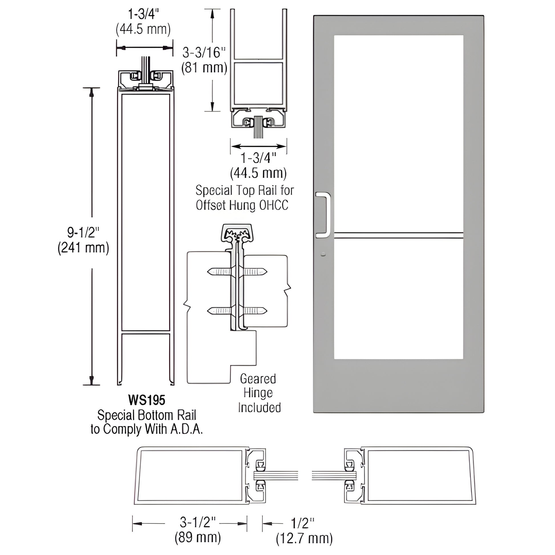 DE41911 clear anodized medium-stile commercial entrance door with 9-1/2" ADA bottom rail, 1/4" glass pocket, push/pull and ke