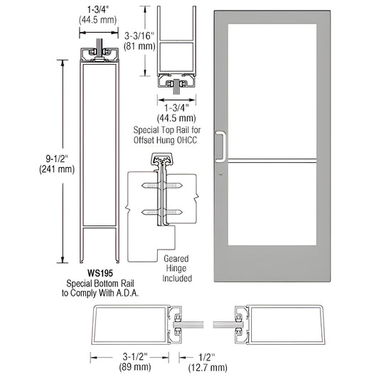 DE41911 clear anodized medium-stile commercial entrance door with 9-1/2" ADA bottom rail, 1/4" glass pocket, push/pull and ke
