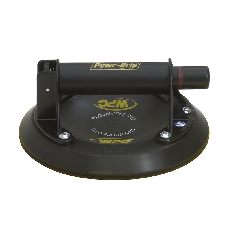 A black 8-inch Wood's Powr-Grip vacuum cup with an ABS handle designed for lifting non-porous flat surfaces.