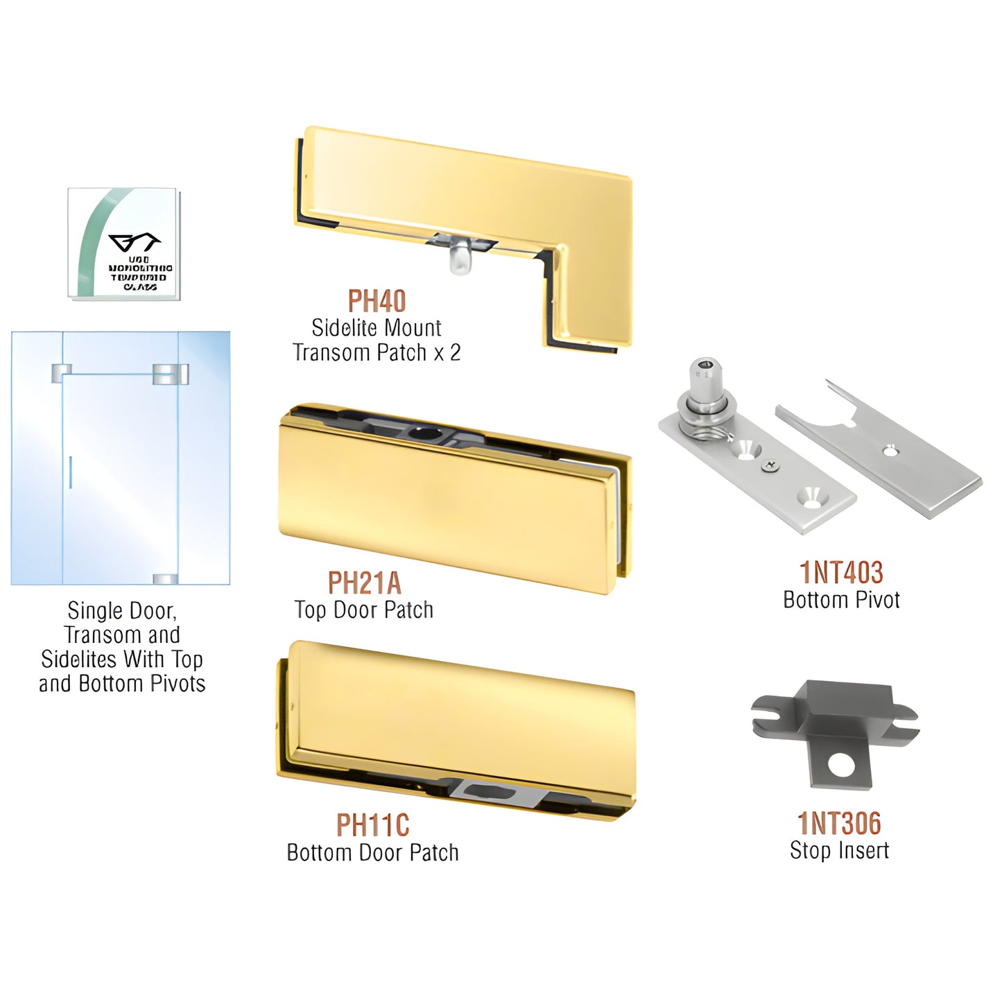 PHE5BR polished brass European door kit for frameless glass with sidelites and transom, includes patches and pivot