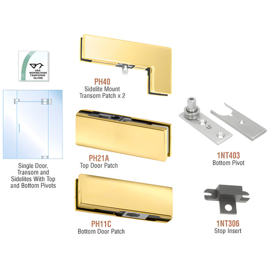 PHE5BR polished brass European door kit for frameless glass with sidelites and transom, includes patches and pivot