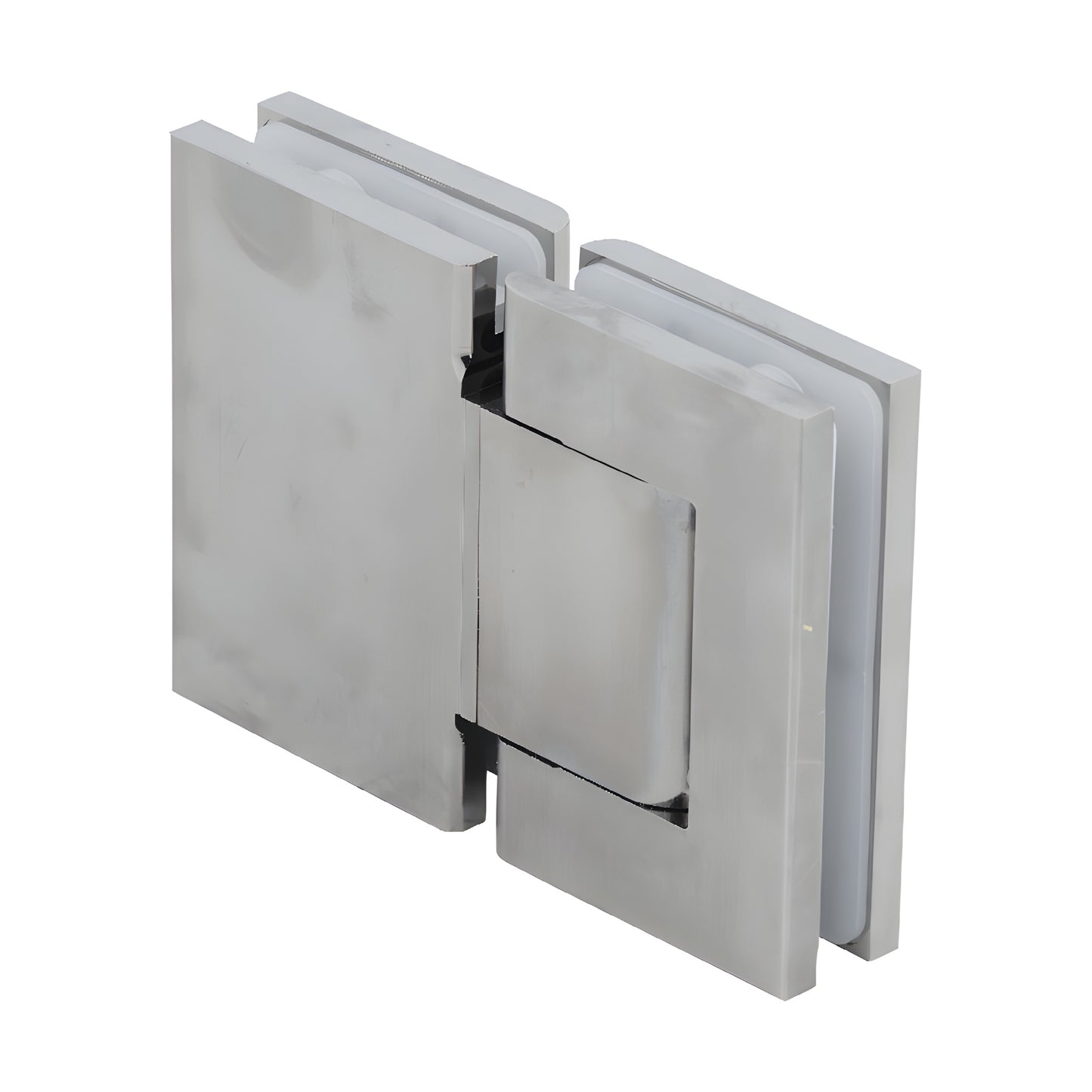 H8215BTSN satin nickel aluminum glass-to-glass oil-dynamic hinge, self-closing for 8-14mm frameless glass.