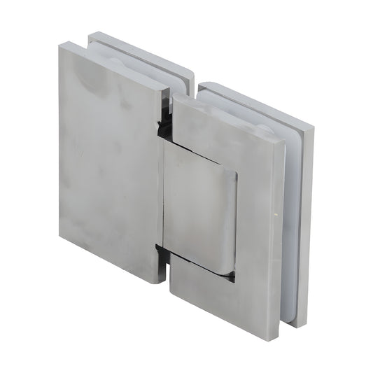 H8215BTSN satin nickel aluminum glass-to-glass oil-dynamic hinge, self-closing for 8-14mm frameless glass.