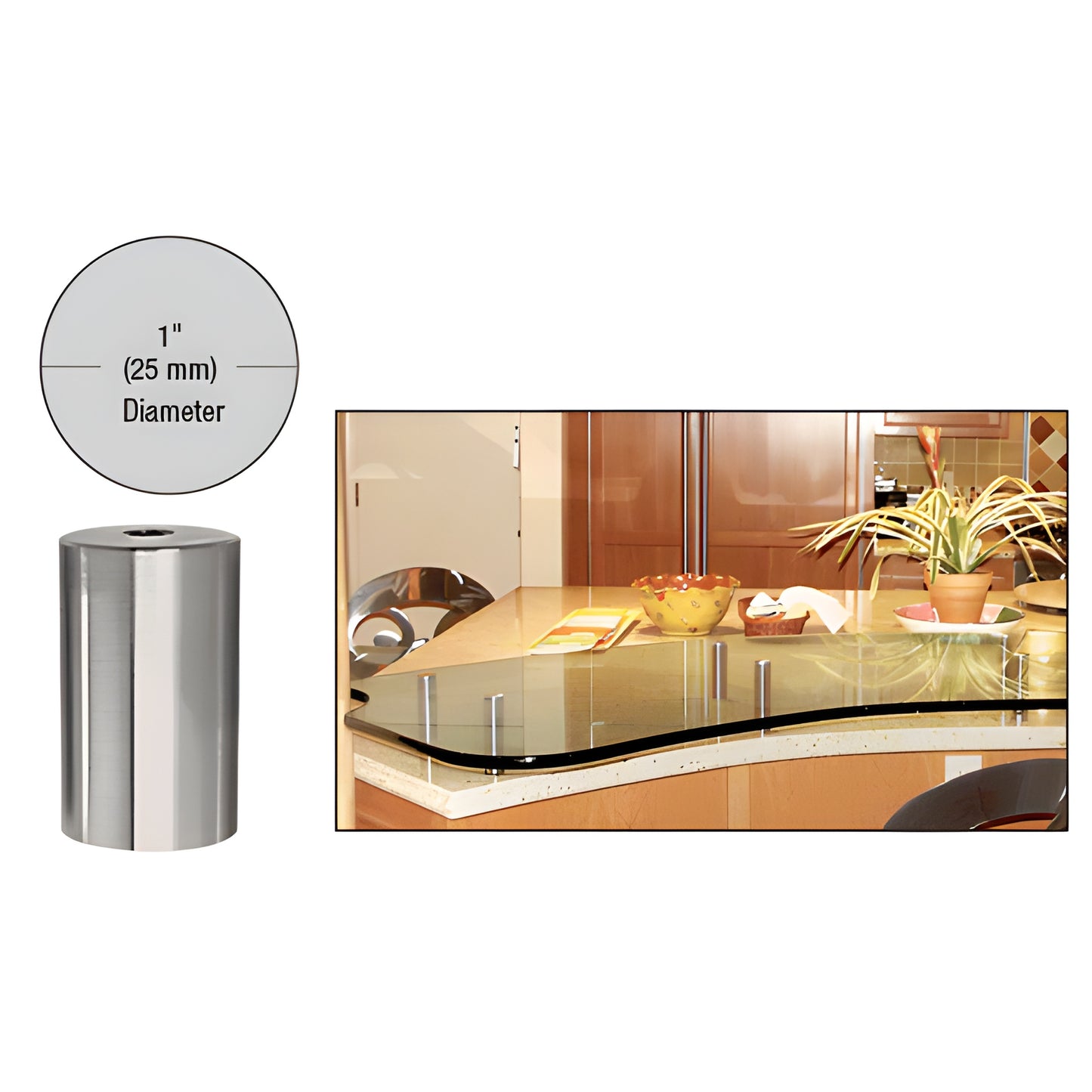 CRL S0B102BS 1" brushed 316 stainless steel round standoff (1/4-20) shown with glass countertop display example