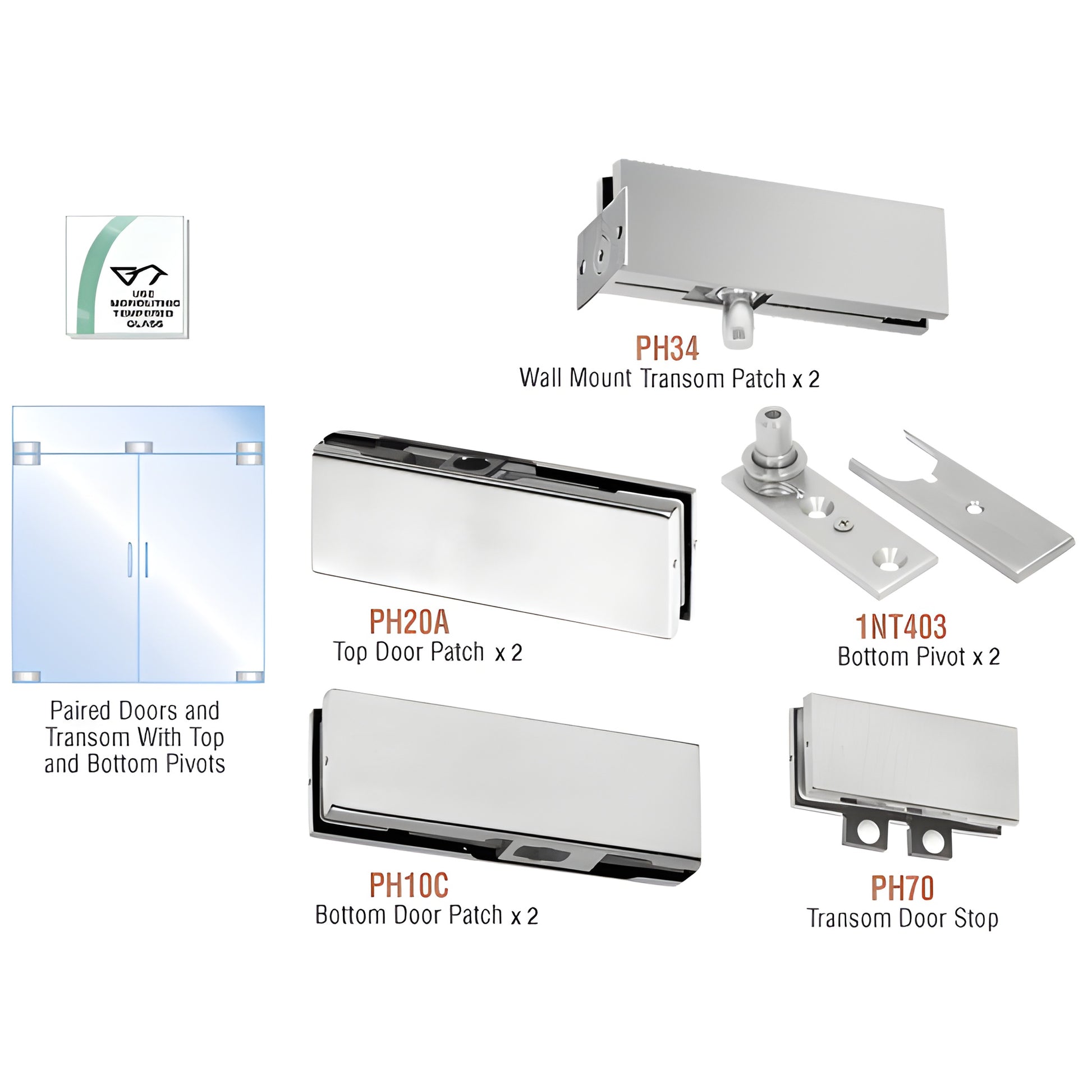 PHA6BS brushed stainless frameless glass door hardware kit for paired doors with transom - patches, pivots, stop