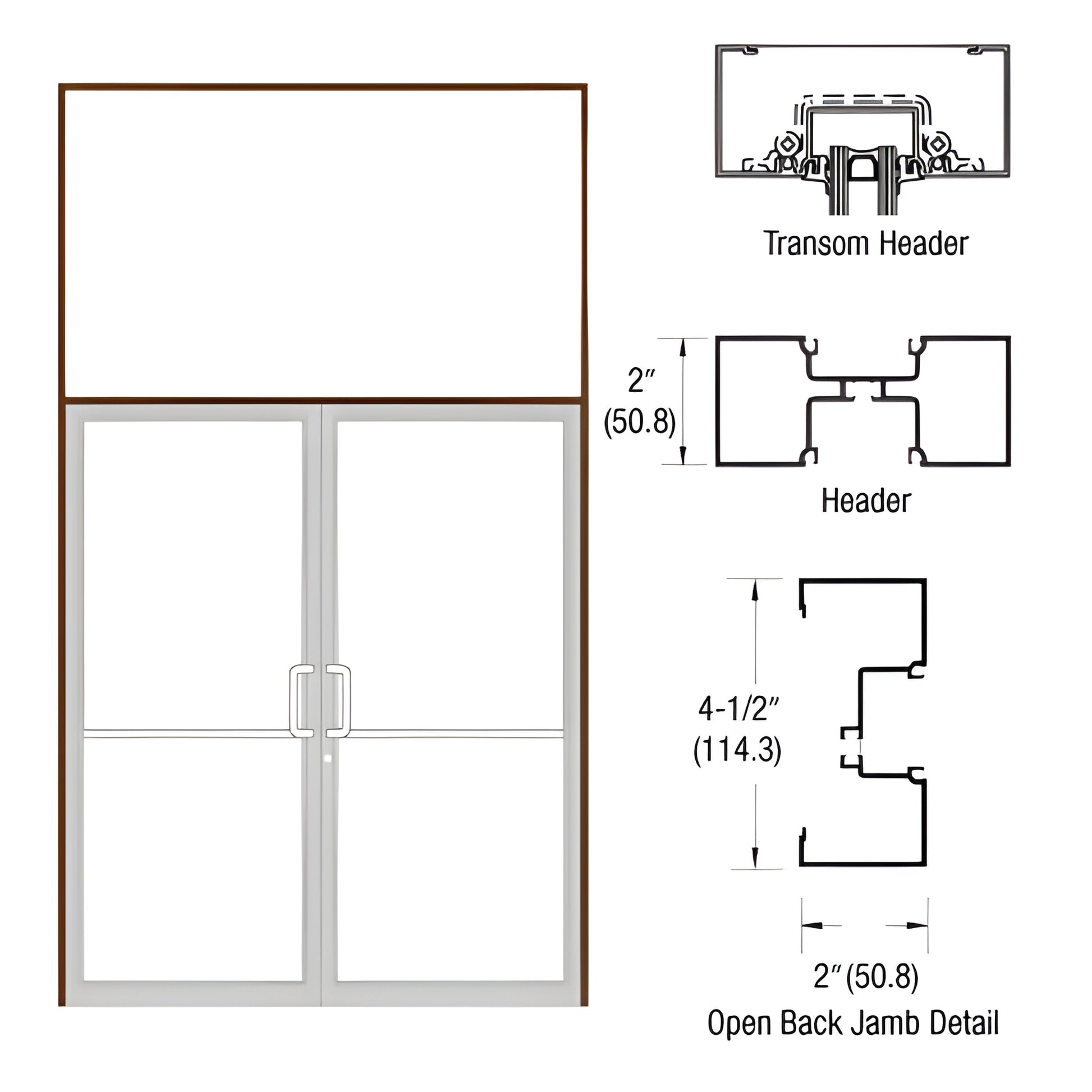 Aluminum transom frame (Black Bronze Anodized) with open-back jambs and included threshold - 2" x 4-1/2" diagram. SKU 1B92422