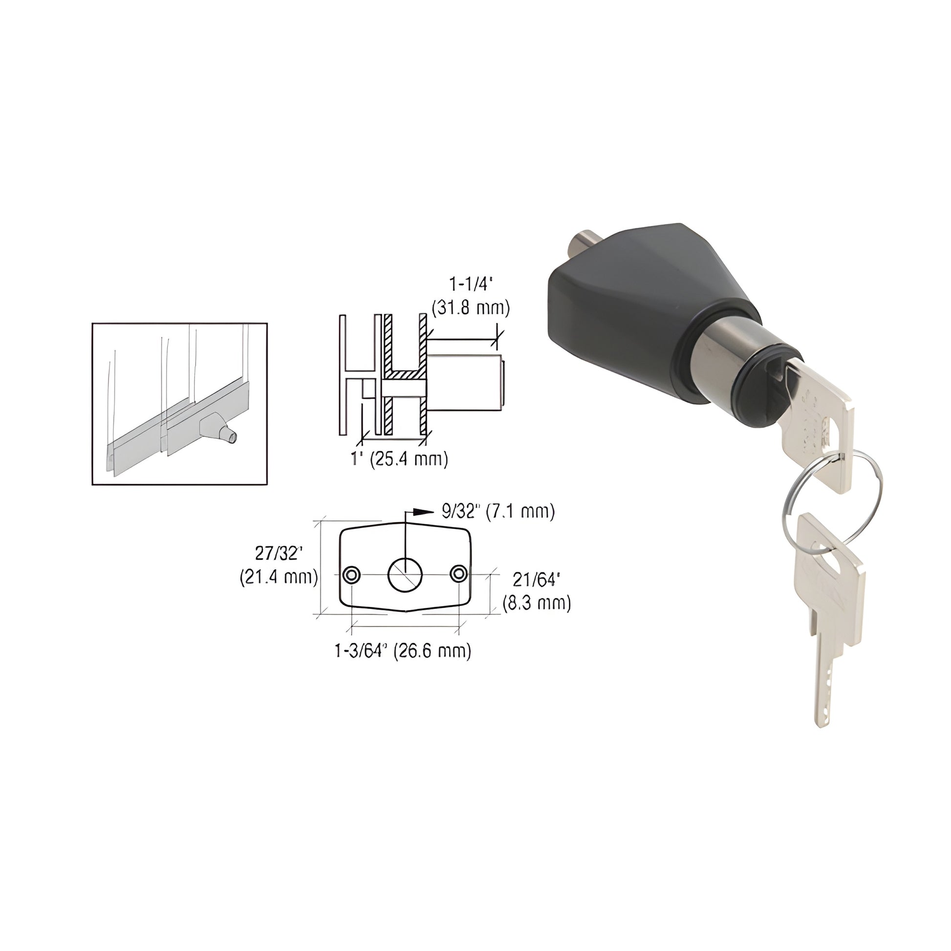 CRL SKU 0911BCKA black chrome no-drill H-bar sliding door lock with keys and installation diagram