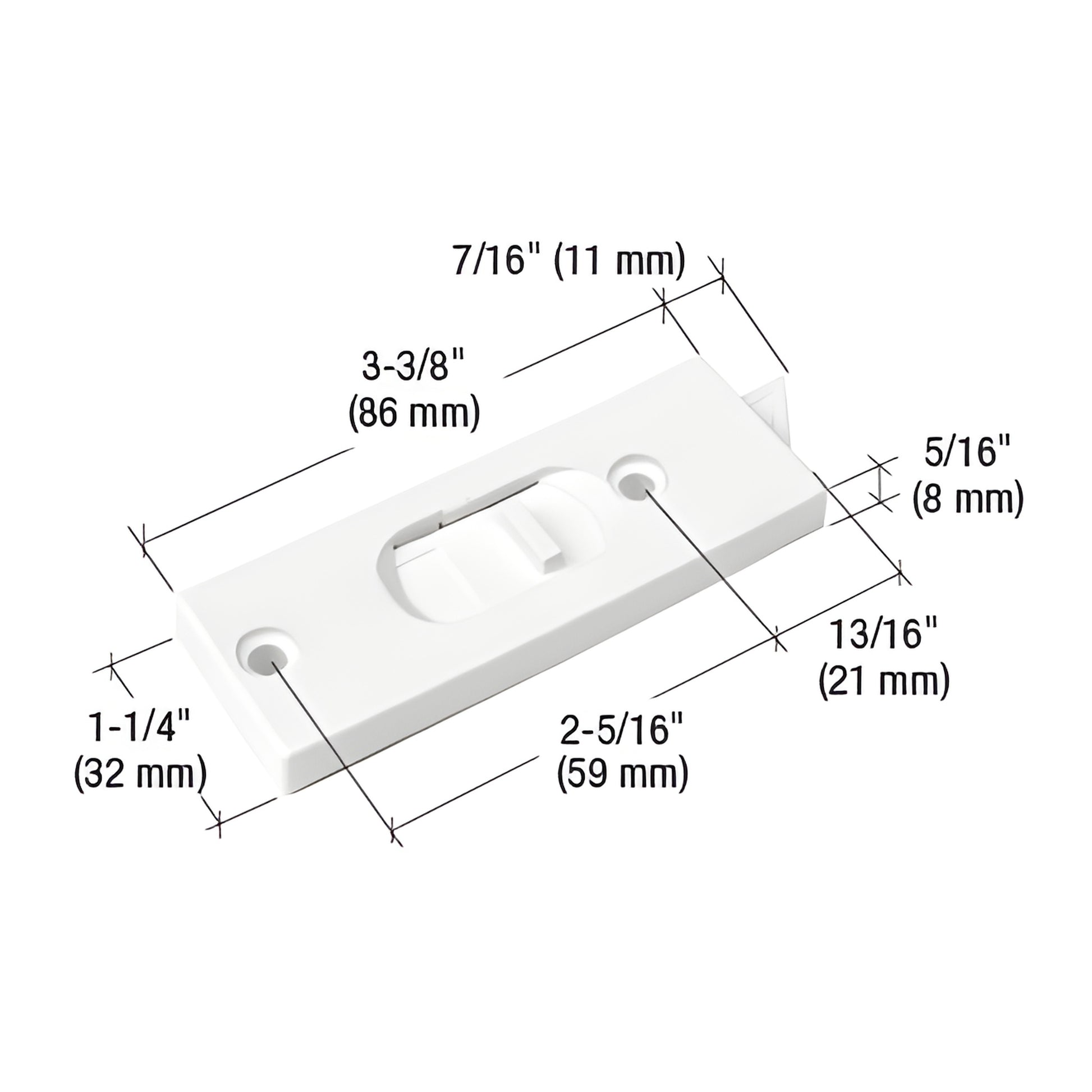 White vinyl tilt window latch (SKU F2599), spring-loaded rectangular sash latch with mounting holes and dimensions.